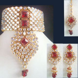 Jodha Akbar Ruby Kundan Meena Choker Gold Tone Bridal Necklace Jewelry 