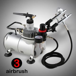 New 3 Airbrush Compressor Kit Dual Action Spray Air Brush Set Tattoo 