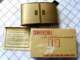    Convertable Travel Desk Alarm Clock Gold with Original Box 7 Jewel