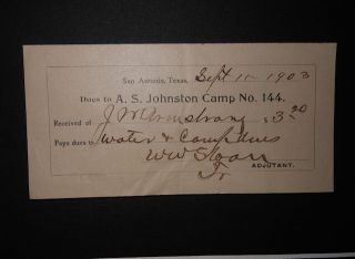 Johnston 1903 Civil War Confederate Veterans Dues Rect. San 