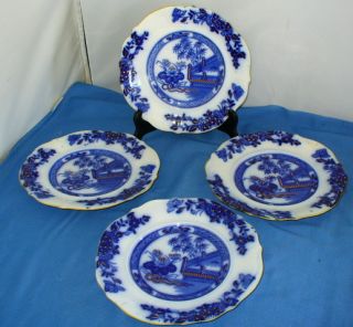 Antique English Flow Blue Dinner Plates Oriental Pattern Samuel 
