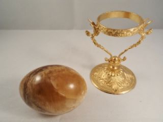 Vintage Alabaster Marble Egg in Gold Plated Etruscan Old World Style 