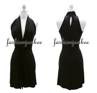Black Twist Aline Mini Dress Low Cut Plunging Neckline Keyhole Jersey 