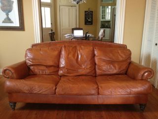 Burnt Orange Leather Ethan Allen Couch w Two Chairs and An Ottoman 
