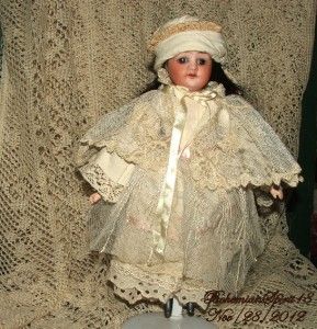 Antique German Armand Marseille Alma Bisque Human Hair Lace Dress Doll 