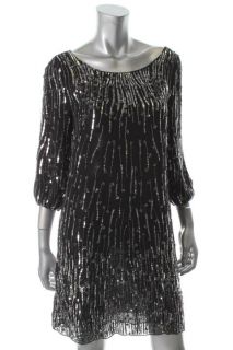 Alice Olivia Black Silk Sequined 3 4 Sleeves Cocktail Evening Dress M 