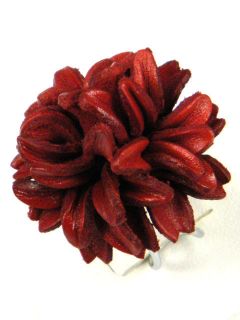Leather Amaryllis Flower Adjustable Rhodium Ring BIA4 Red
