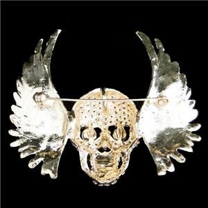 Angel Wing Skull Pin Brooch Rhinestone Crystal Clear Halloween