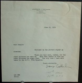 Larry Callahan World War 1 U s Flying Ace 148th Squadron Signed Letter 
