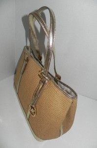 nwt michael kors amagansett pale gold paper straw tote