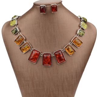   Silver Amber Gem Earrings Necklace Pendant Jewelry Set A2448K