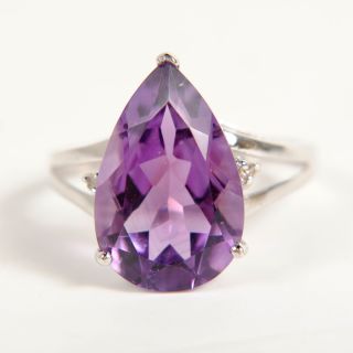   10k White Gold 4ct Pear Shaped Amethyst+Diamond Ring Size 7 ♥ 1.4dwt