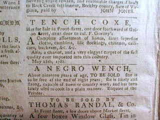 1782 Philadelphia Revolutionary War Newspaper w Slave Sale Ad Freeman 