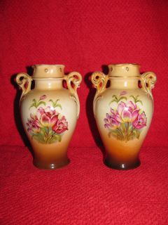 PAIR VINTAGE VASES HAND PAINTED AUSTRIA PINK TULIPS #89 A TWO HANDLE 6 