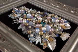 Framed Vintage Jewelry Christmas Tree Butterflies Purple Blue Pearls 