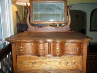 Antique Carved Oak Wood Dresser w Beveled Mirror Mortise Tendon Joints 