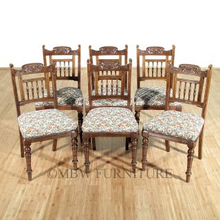 Antique English Solid Walnut Edwardian Dining Side Chairs Set 6 c1900 