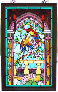 Tiffany stained glass window panel w/ wooden frame, 23 x 37