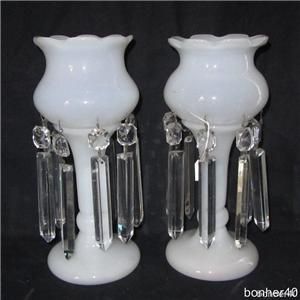 Piece Antique French White Opaline Glass Mantle Lustre Lamp Crystal 