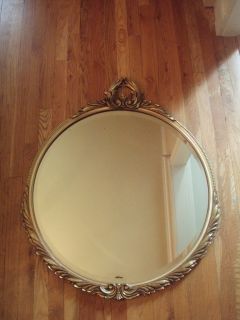 Vtg Antique Large Round Wood Gold Gesso Beveled Mirror