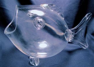 Vintage Blenko Clear Glass 13 Inch Hand Blown Fish Vase Mid Century 