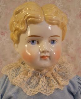 Antique Blonde China Doll, German, 23 Inches, Molded and Painted, Good 