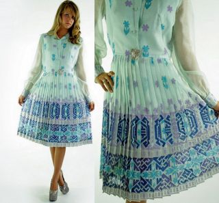 vtg 60s 70s S ALFRED SHAHEEN Floral PLEATED Skirt GEOMETRIC Print Midi 