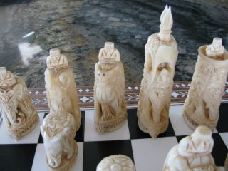 Antique Carved Bone Elephants Maharaja Chess Set