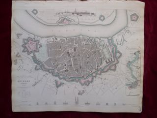Antwerp Belgium 1844 Original Antique Map Town Plan from SDUK Atlas 