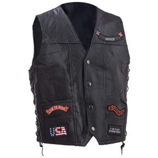 Mens Leather Motorcycle Biker Riding Vest jacket w 11 Patches M L XL 