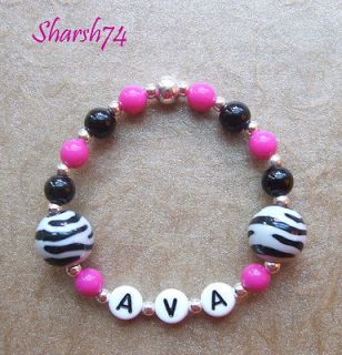   Child Hot Pink Zebra Beads M2M Wild One Roman Getaway Name Bracelet