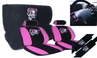   Lady Skull Girl Skeleton Pink Bow Complete Car Seat Cover Full Set STD