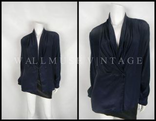 Vintage 90s NAVY blue SILKY DRAPE TUXEDO CROSS FRONT BUTTON blouse 
