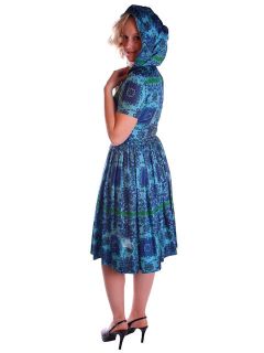   Silk Day Dress Blues Greens Print w Hood 1950s Arkay 36 26 Free