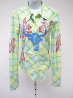 LOVE JUNKIE Green Yellow Plaid Floral Print Long Sleeve Button Down 