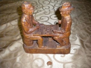 Rare Wood Carved Sculpture By Andre Bourgault Of Two Men Playing 