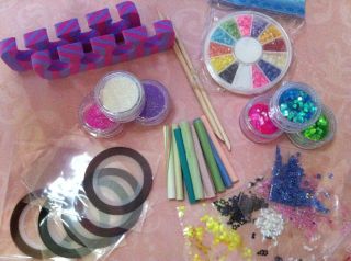 Lot Large Nail Art Supplies Glitter Rhinestones Tape Clay Canes 
