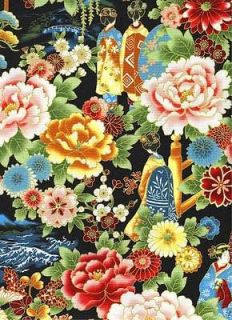 Fabric #1840 Geisha and Floral on Black, Metallic, Kona Bay, Sold by 1 