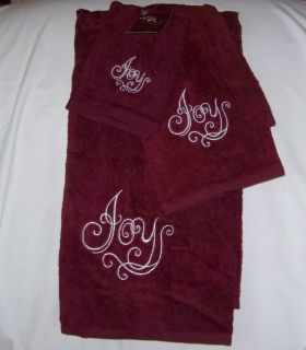 New 3 Piece Christmas Embroideried Towel Set Burgundy With Joy