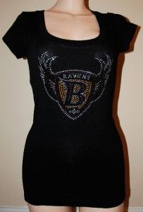 Sexy Baltimore Ravens Low Cut Rhinestone Bling Stretchy Fitted Top T 