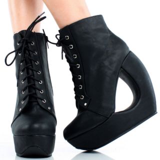 Black Lace Up Avant Garde High Heel Cut Out Wedge Platform Ankle Boots 