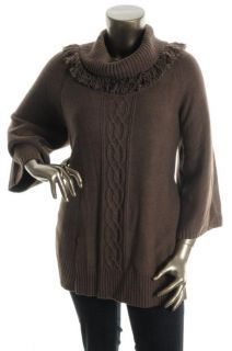 Karen Scott New Brown Cable Knit Fringe Cowl Neck Tunic Sweater Plus 