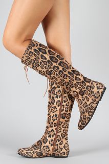 New Sexy Animal Print Lace Up Flat Womens Zip Up Knee High Fashion 