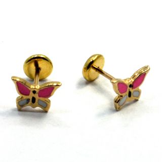   18k GF Little Earrings Pink Butterfly Earrings Girl Baby Security Stud