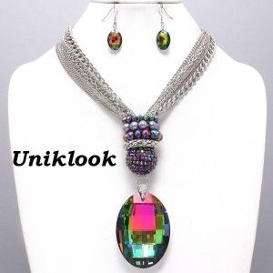 chunky aurora borealis glass layered silver chain necklace set elegant 
