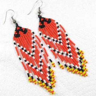 Coral Red Black White Yellow Beaded Earrings Handmade
