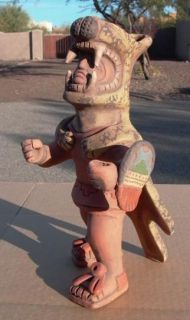 AZTEC mayan red clay southwest Mexican folk art statue leopard warrior 
