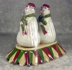   Zrike JINGLE BELL Figural Snowmen Salt & Pepper Shakers with Stand