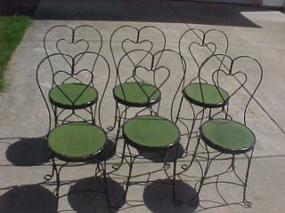 RARE SET 6 VINTAGE C 1910 HEART BACK ICE CREAM PARLOR CHAIRS