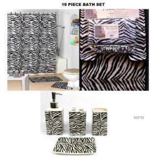 19 Piece Bath Accessory Set Black Zebra Printed Bathroom Rugs Shower 